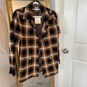 Anne Klein Black and Brown Plaid Pea Coat